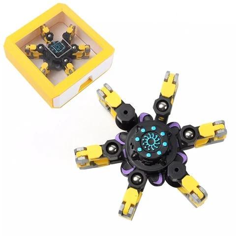 Close-up of a transforming robot fidget spinner, highlighting intricate design and educational value
