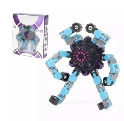 Child playing with an articulated robot fidget spinner, demonstrating its transforming features