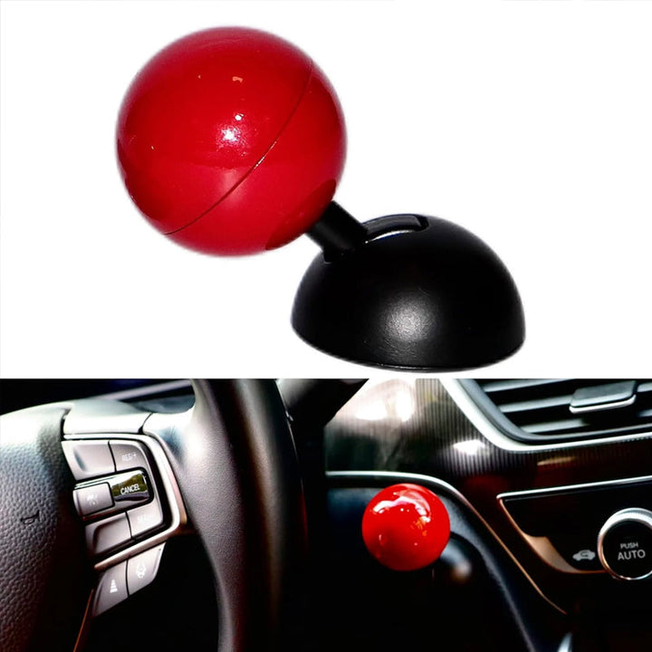 Close-up of universal joystick style button cover on car engine start button, auto decor