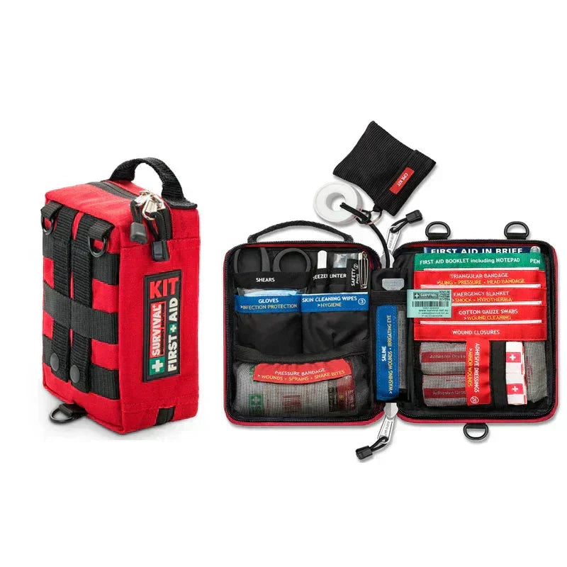 Portable waterproof first aid kit for camping, hiking, & travel emergencies. Durable nylon preparedness bag.