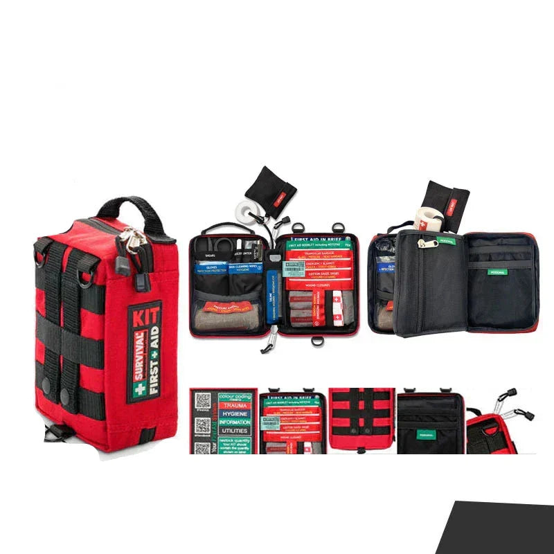 Waterproof red nylon emergency medical gear bag, essential for outdoor activities & survival preparedness.