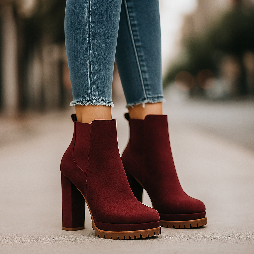 Red women's comfort block heel boots, orthopedic design, side view, stylish footwear