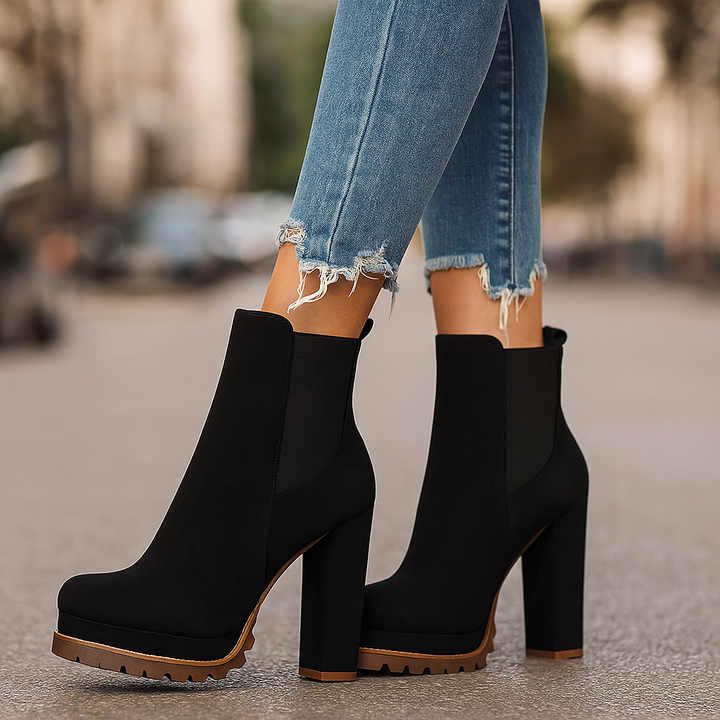 Black women's fashion block heel boots, comfortable orthopedic support, classic design