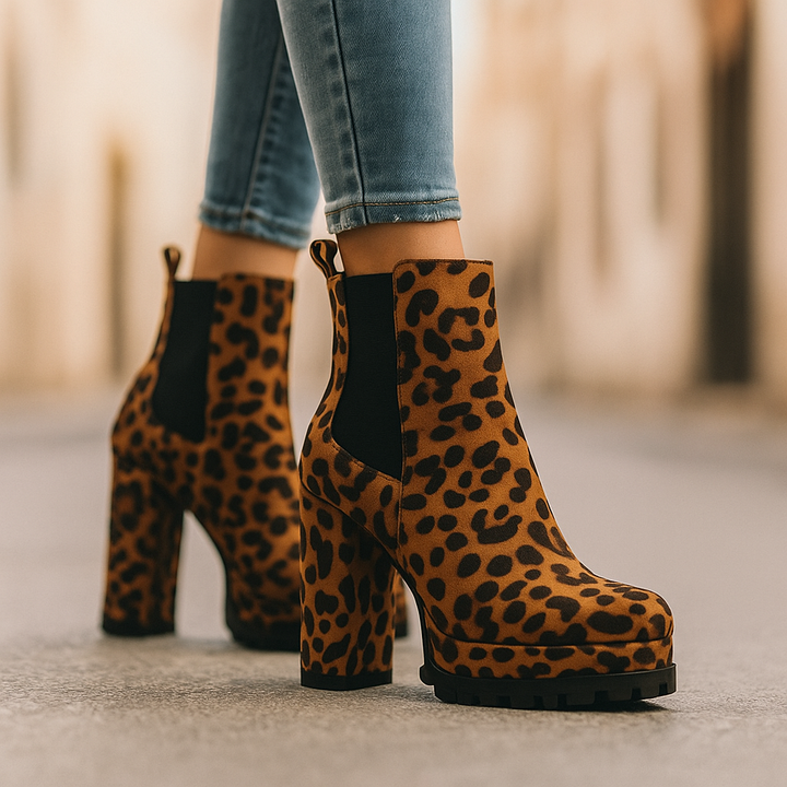 Leopard print women's block heel boots, trendy fashion footwear with comfort features