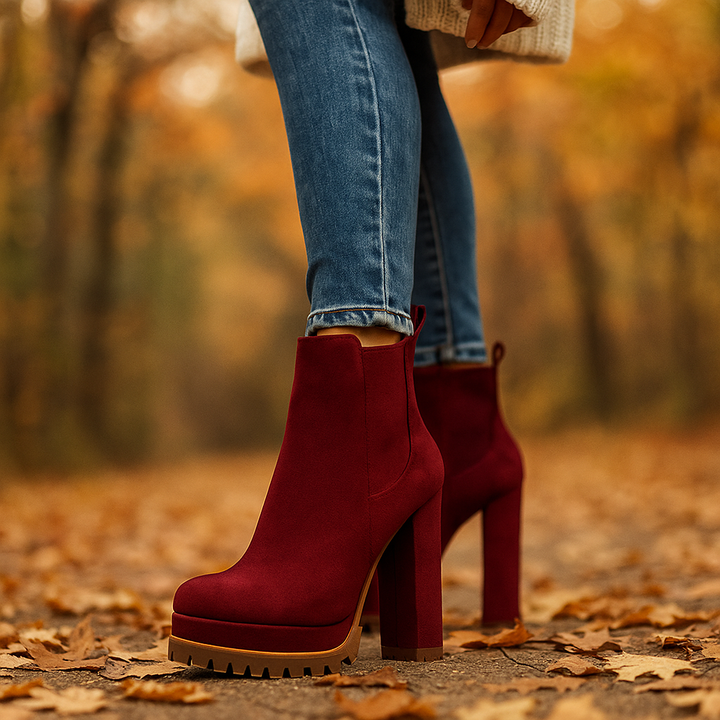 Pair of women's comfort block heel boots in red and black, orthopedic support, stylish