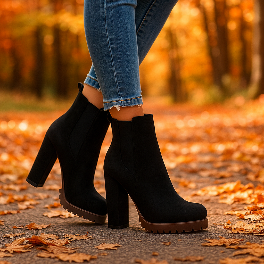 Close-up of a black women's block heel boot, emphasizing comfort and heel detail, fashion