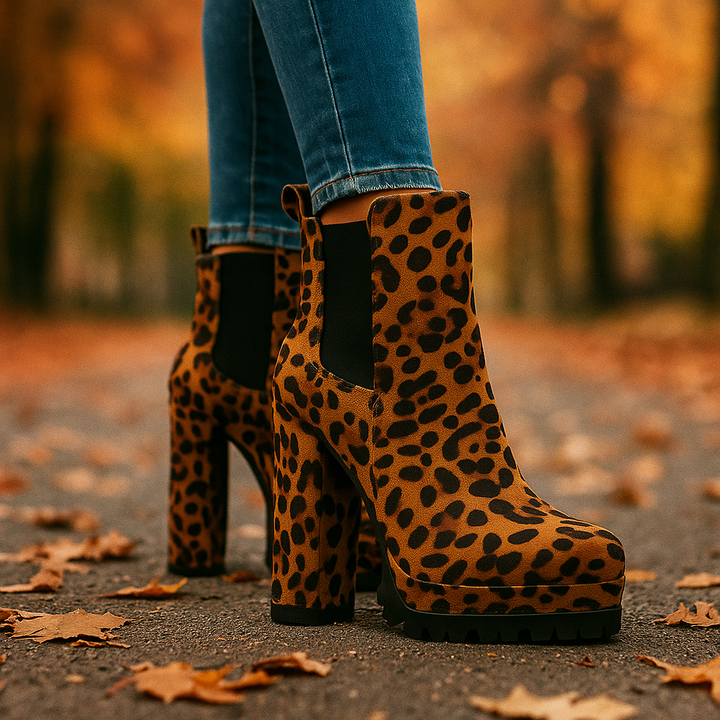 Women's red block heel boot, showing interior comfort features and quality orthopedic design
