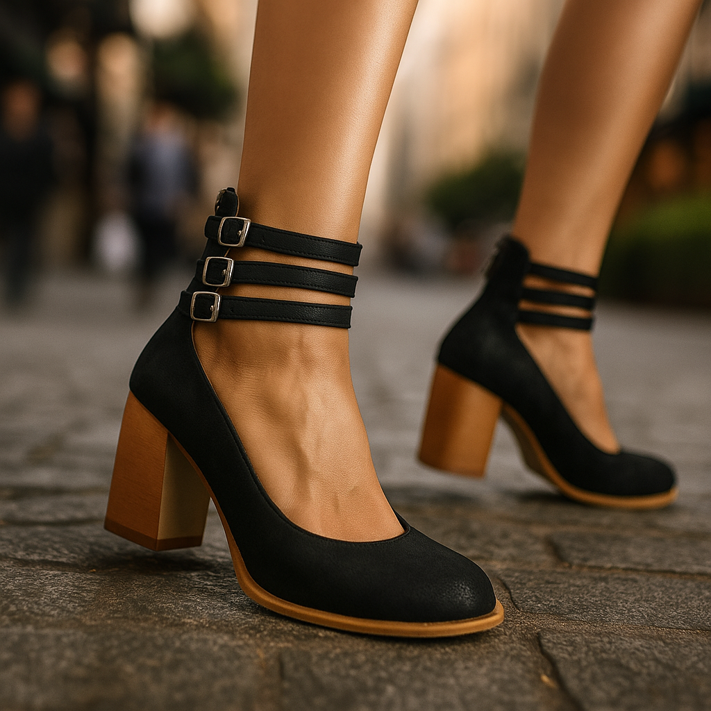 Black women's triple strap block heel pumps, versatile and comfortable for any occasion