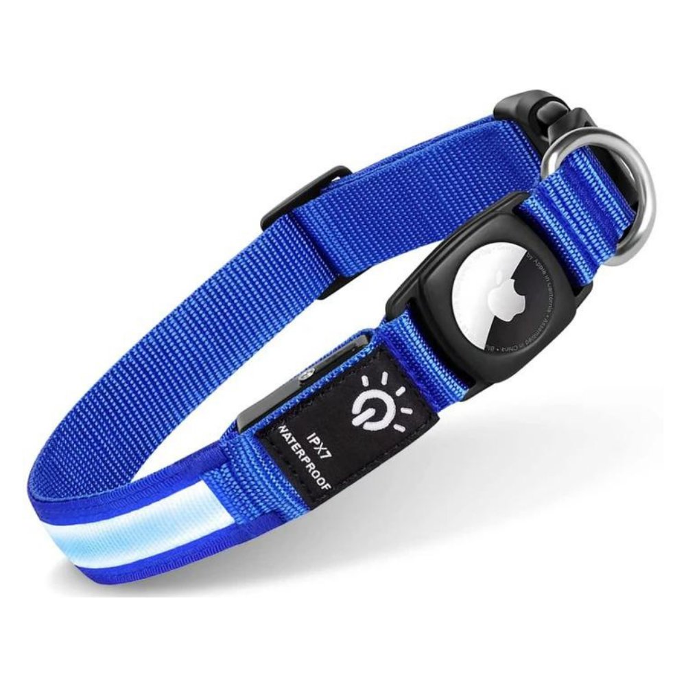 Reflective & illuminated AirTag dog collar. Waterproof, adjustable, ensures pet visibility & safety.
