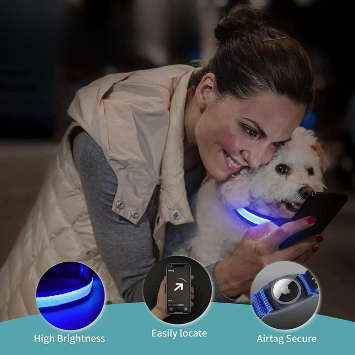 Adjustable reflective dog collar with bright LED illumination and secure AirTag tracker pouch.