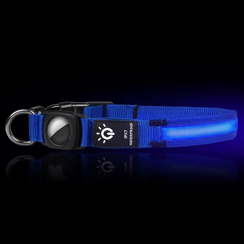 Durable, waterproof reflective dog collar with bright LED light-up for visible night walks. AirTag ready.