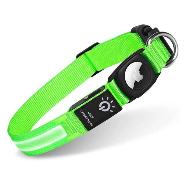 Waterproof reflective AirTag dog collar, illuminated for night walks & secure pet tracking.
