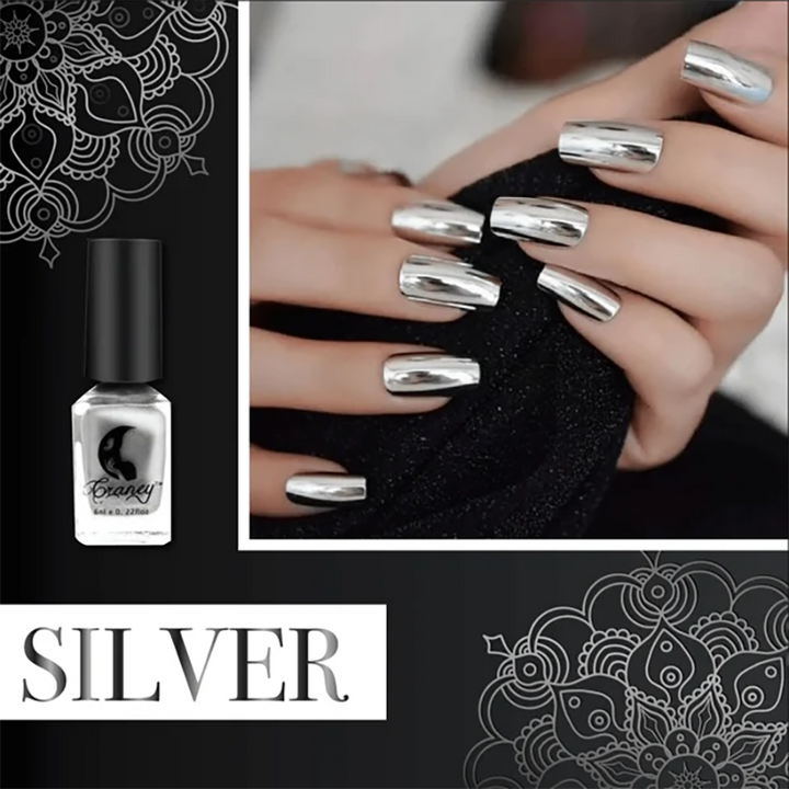 Close-up of mirror effect nail polish bottle, showing metallic sheen and reflective glass