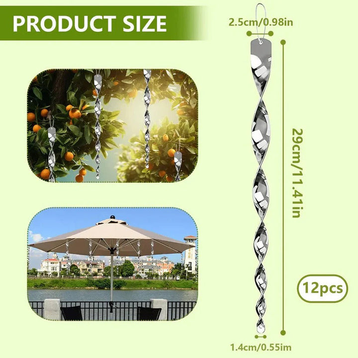 Effective spiral reflective bird repeller rods. Humane deterrent for garden defense & outdoor pest control.