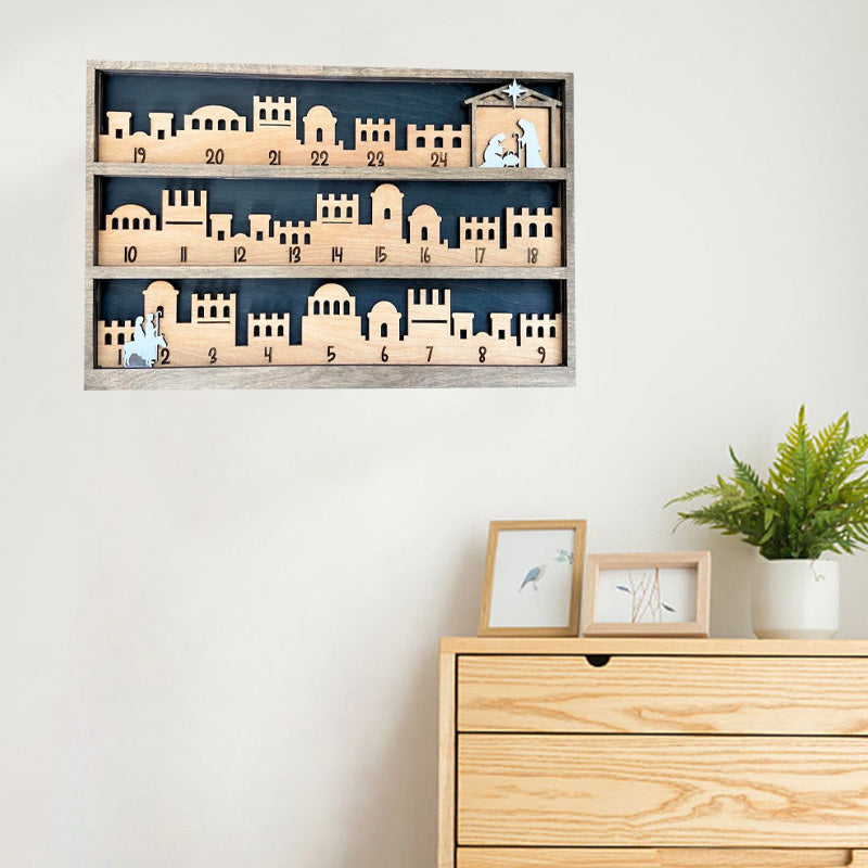 Wooden Nativity Scene Advent Calendar, a festive religious holiday decor item for Christian homes