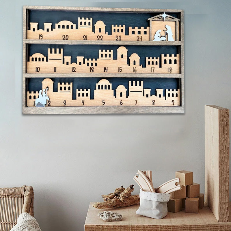 Angled view of a Religious Nativity Scene Advent Calendar, highlighting intricate craftsmanship
