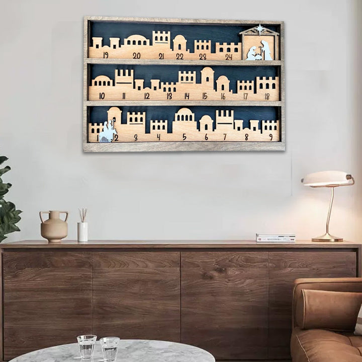Religious Nativity Scene Advent Calendar, showcasing the stable and Holy Family, festive countdown