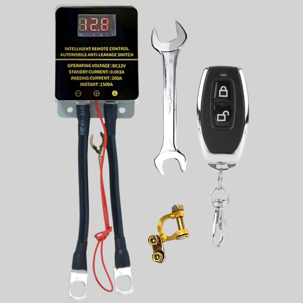 Remote power cut-off for vehicles. This battery disconnect system offers security and prevents parasitic battery drain.