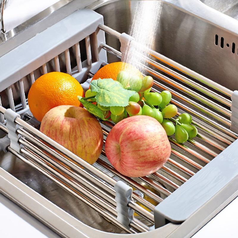 Space-saving retractable sink drainer rack, stainless steel, perfect for kitchen dish drying and storage