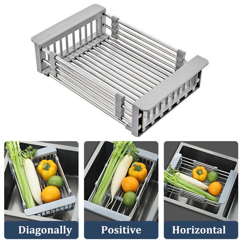 Extendable kitchen sink drainer rack made of stainless steel, versatile for dishware & produce