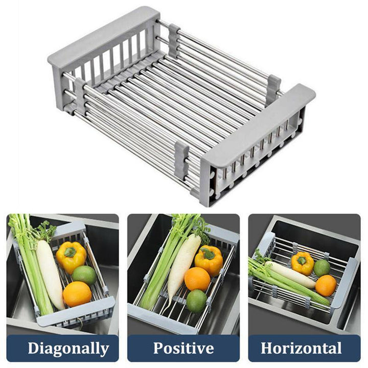 Extendable kitchen sink drainer rack made of stainless steel, versatile for dishware & produce