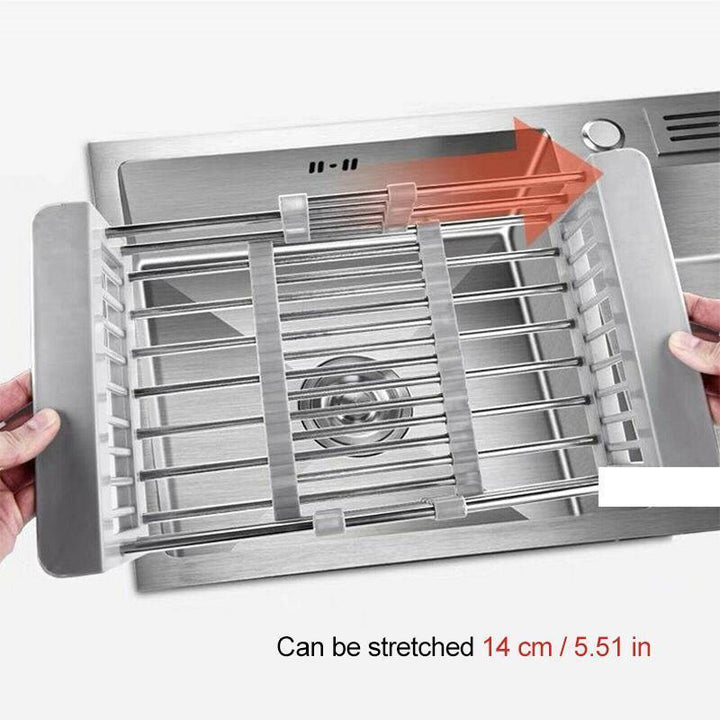 Modern retractable stainless steel sink rack for efficient kitchen dish drying and food prep