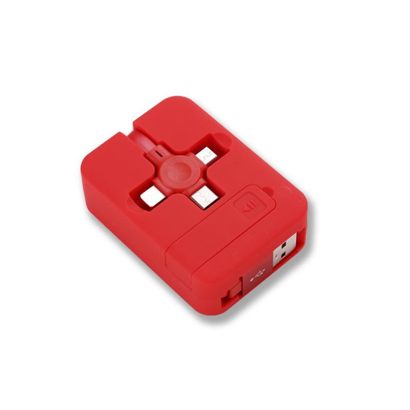 High-quality retractable USB cable with Type-C, Micro USB, and Lightning tips.