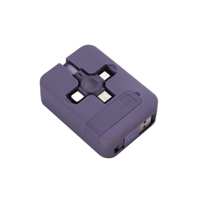 Retractable USB charging cable for multiple devices, neatly coiled & ready for use.