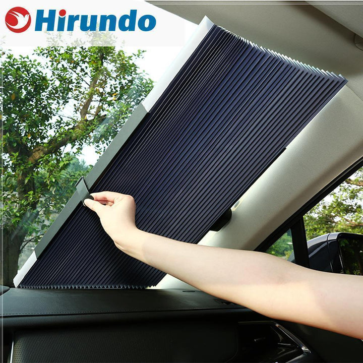 Retractable car sunshade providing UV protection for auto interior, universal fit
