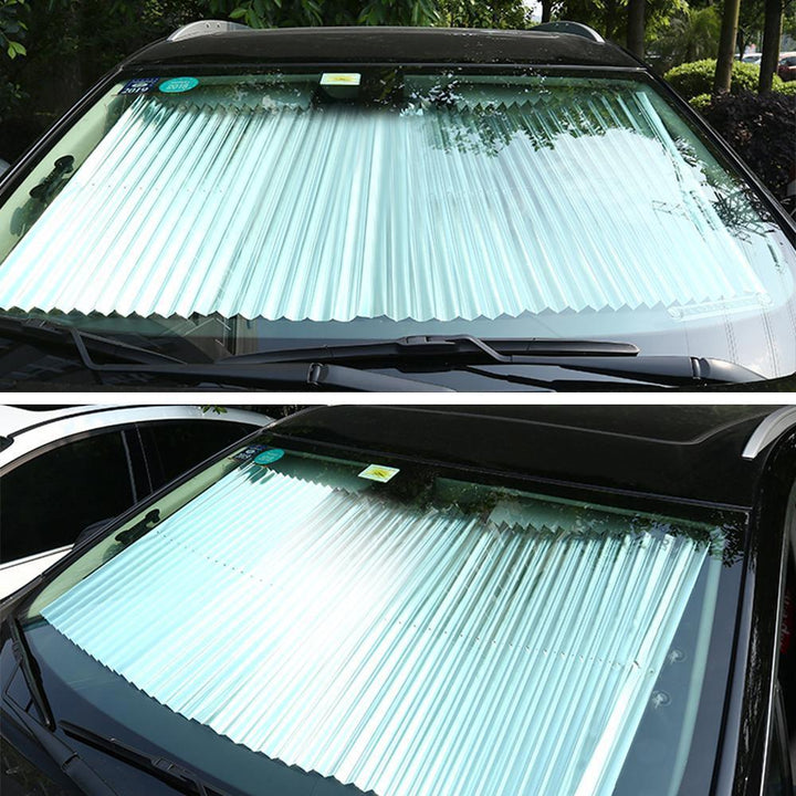 Sunscreen car shade, retractable offering UV protection for car windshield