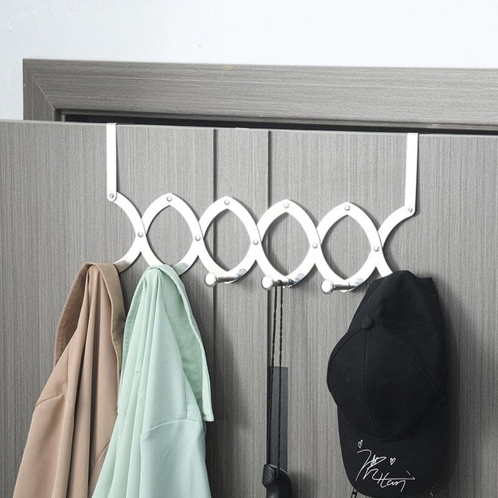 Retractable over-the-door metal hook rack for coats & bags, space-saving home organization solution