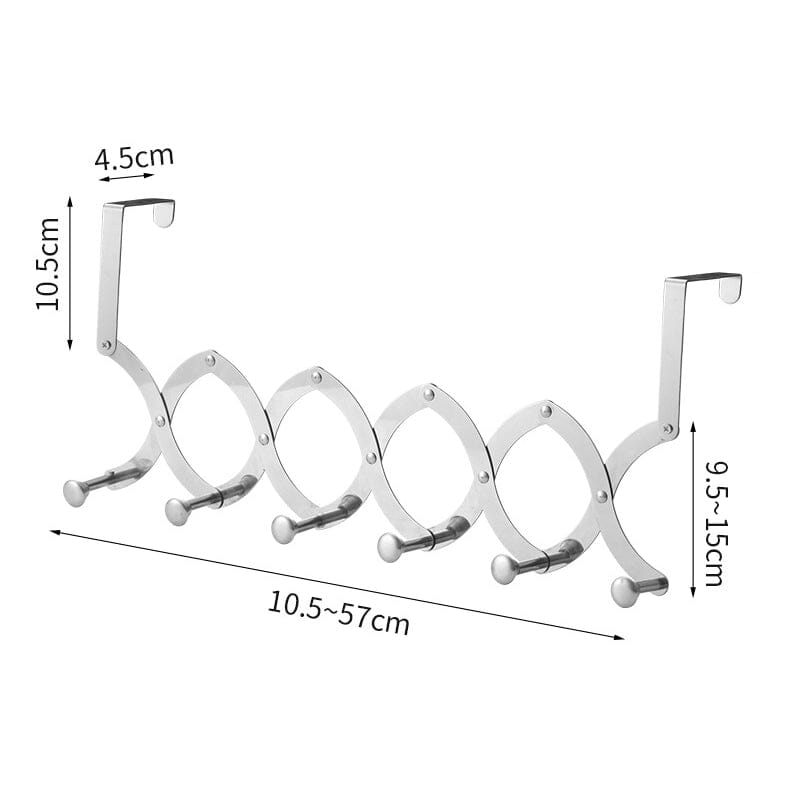 Retractable metal hook rack with a measuring tape, showing its compact and extended dimensions