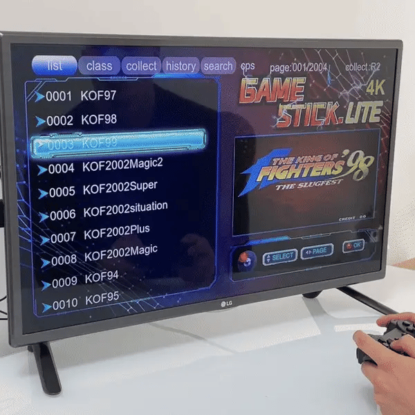Friends playing 2-player classic 90s games on a retro gaming console with wireless controllers.