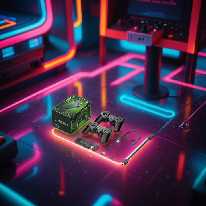 Packaging for the Unisex Retro Gaming Console, featuring 20,000+ games and dual wireless controllers.