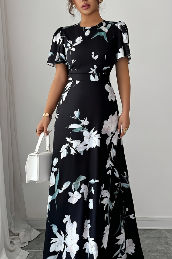 Elegant women's retro floral midi dress with delicate pleats and flowy design.