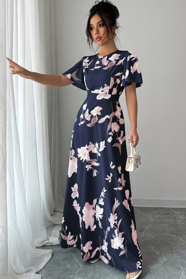 Pleated floral midi dress with a retro vibe, designed for comfortable women's fashion.