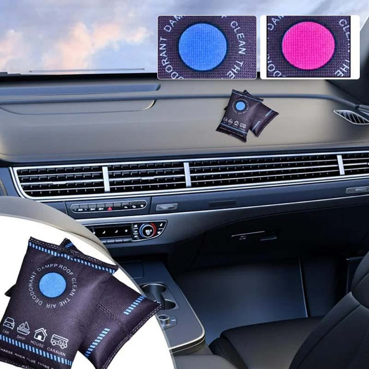 Car dehumidifier bag, reusable desiccant to prevent window fogging & interior moisture, with indicator.