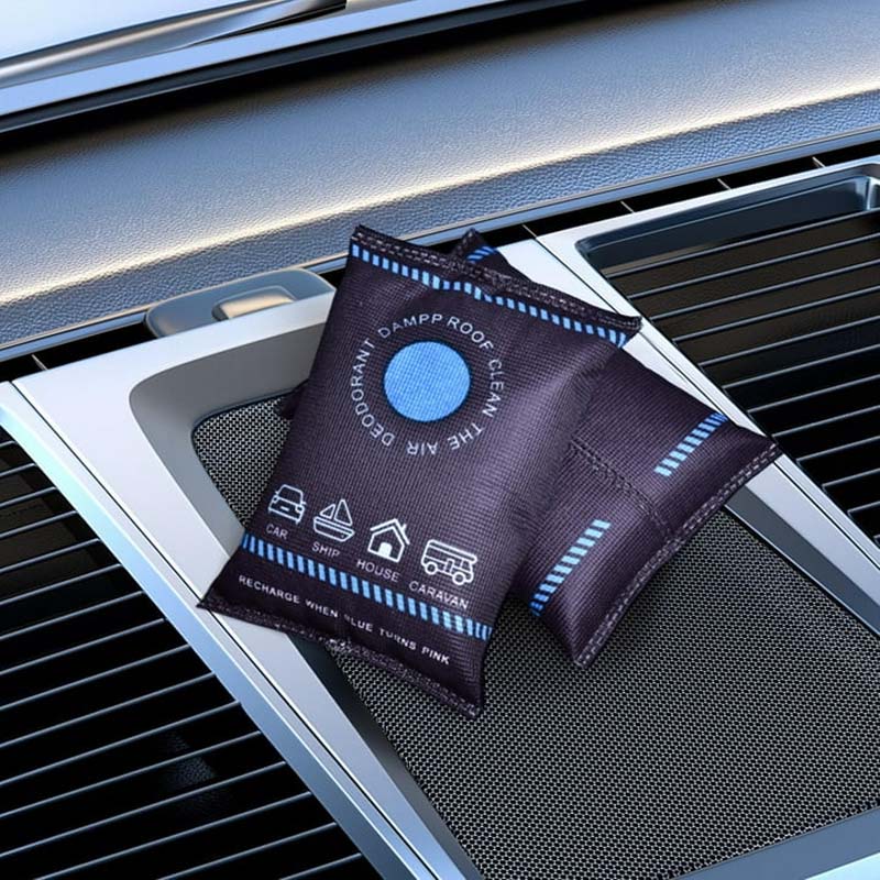 Dehumidifier bag, indicating desiccant for moisture control, ideal for closets, RVs & car interiors.