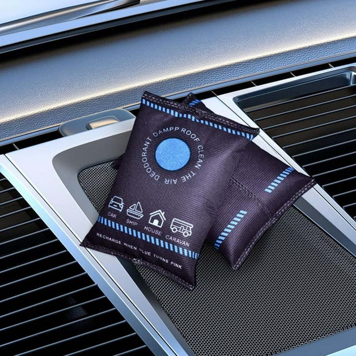 Dehumidifier bag, indicating desiccant for moisture control, ideal for closets, RVs & car interiors.