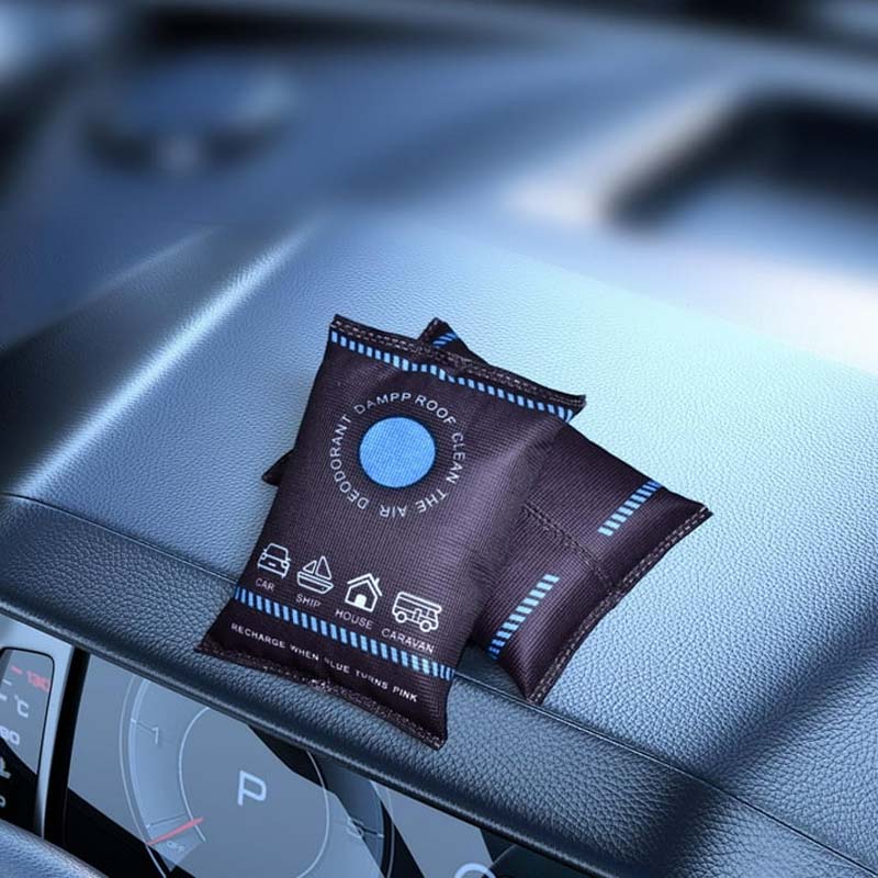 Indicating dehumidifier bag showing active moisture absorption, essential for damp areas in home & car.