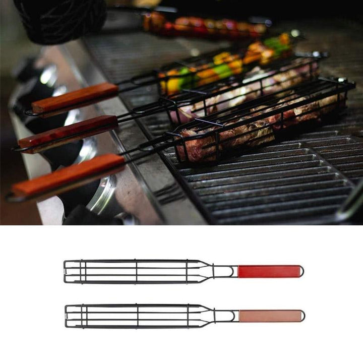 Reusable grill kabob baskets, perfect for grilling vegetables and meats on the barbecue, nonstick camping accessory.