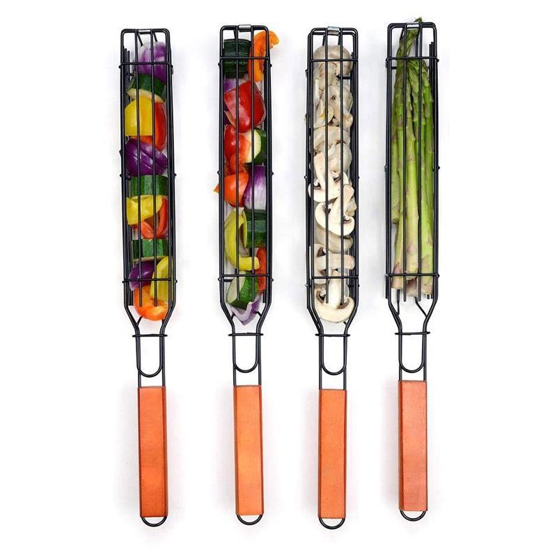 Set of two nonstick reusable grill kabob baskets, ideal for BBQ veggies & meats, outdoor cooking accessory.