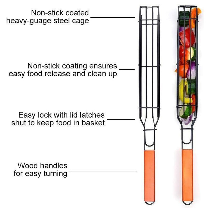 Close-up of a reusable grill kabob basket filled with colorful vegetables, ready for outdoor barbecue cooking.