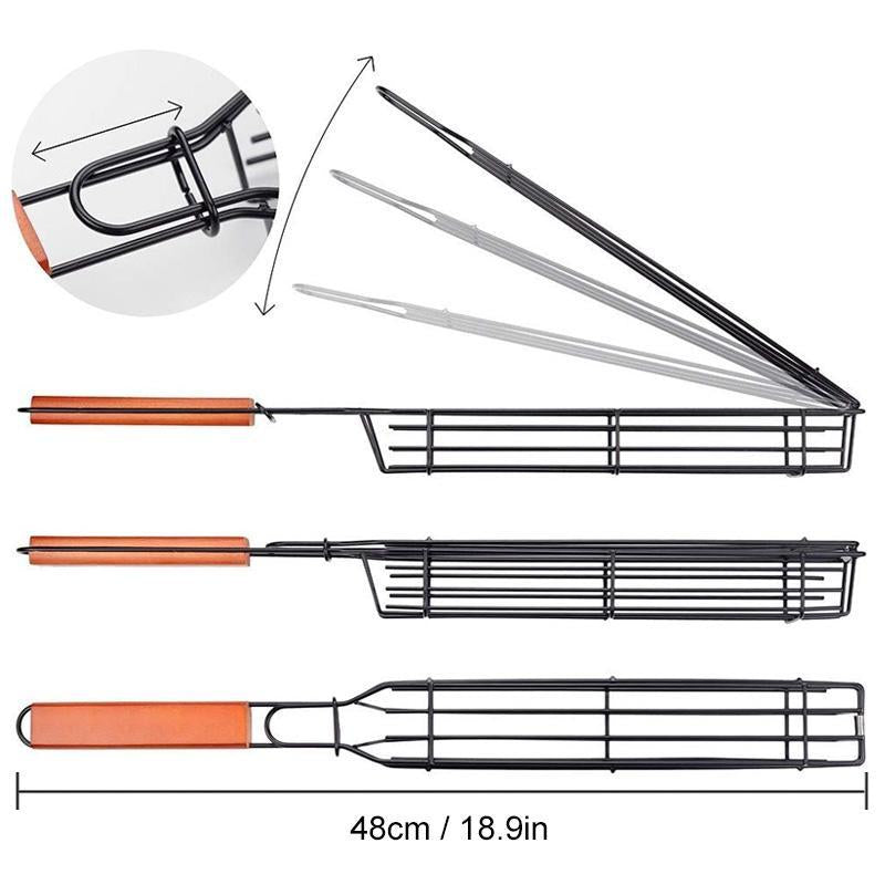 Ergonomic handle of a reusable grill kabob basket, designed for safe and easy turning on the barbecue grill.