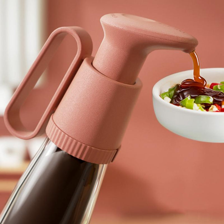 Sauce dispenser pump for kitchen, easy-press top, clear container, cooking gadget