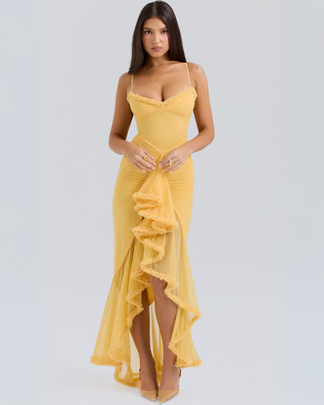 Romantic ruffle maxi dress for women, perfect for special occasions, evening & formal events.