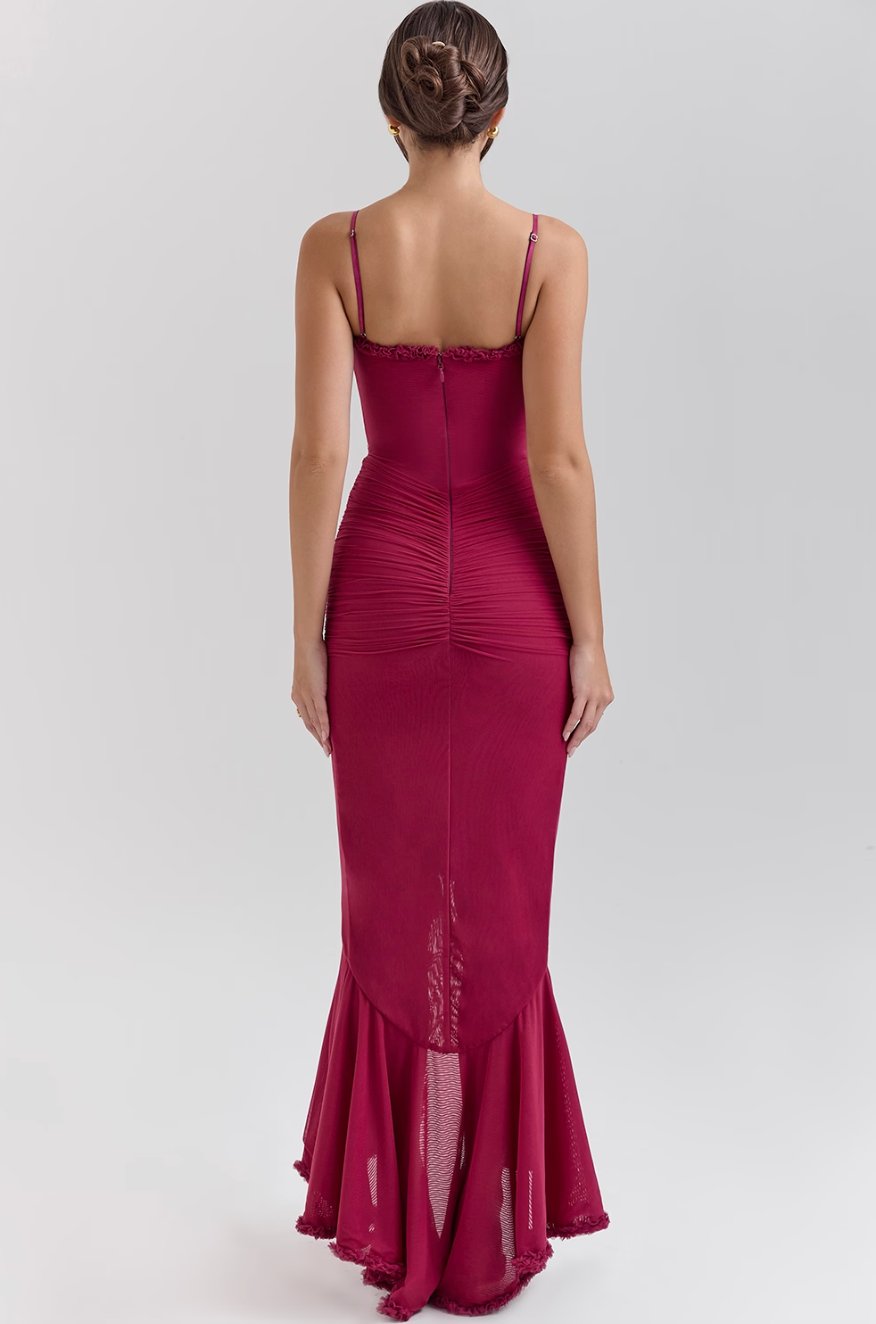 Sophisticated women's formal romantic ruffle maxi dress, ideal evening gown for parties & events.