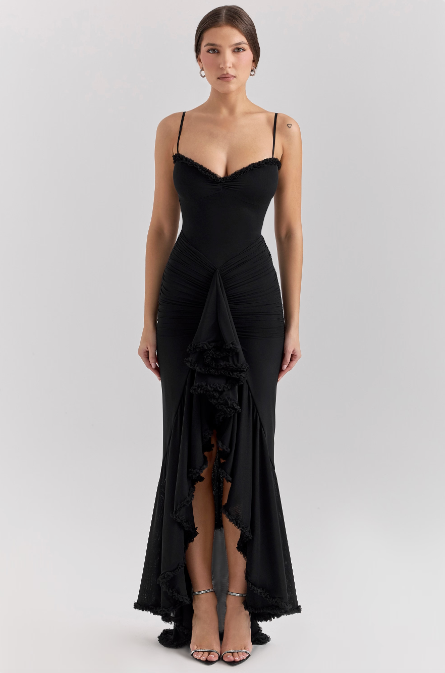 Stunning women's flowy ruffle maxi dress, a romantic & elegant choice for special occasions & formal wear.