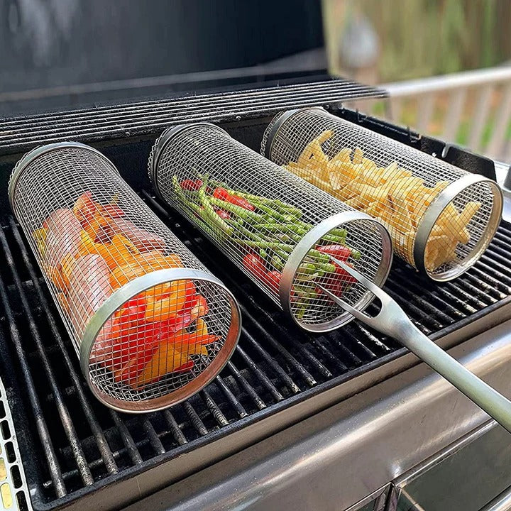 Versatile rolling grill basket for smoking meats, vegetables & small food items on the BBQ.