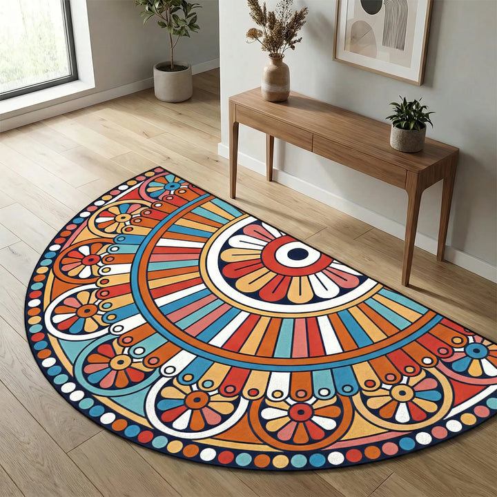Tranquil Flowique round mandala area rug, a non-slip, washable indoor/outdoor floor decor.